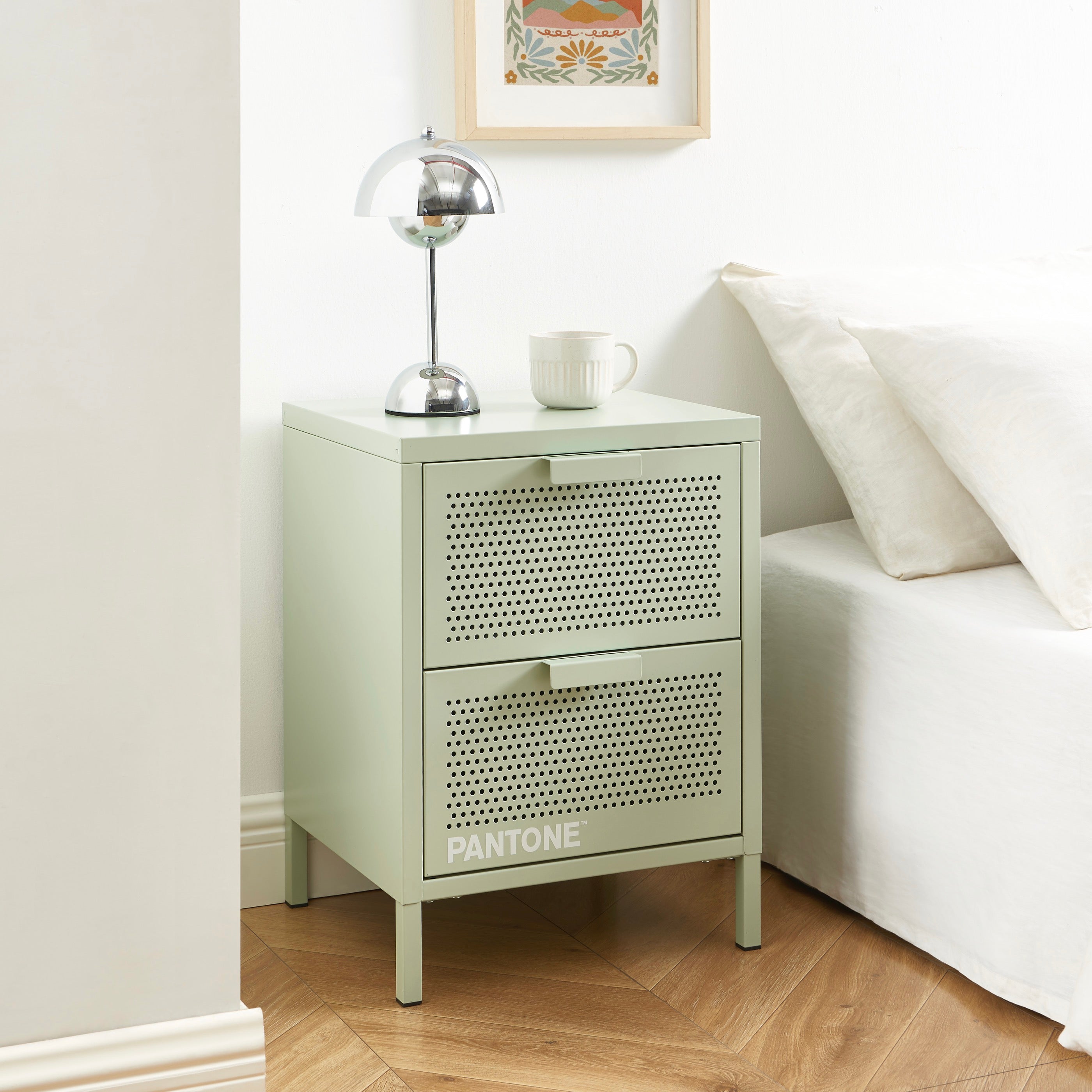 Bedside Table - Metal - Almond Green - Double Drawers