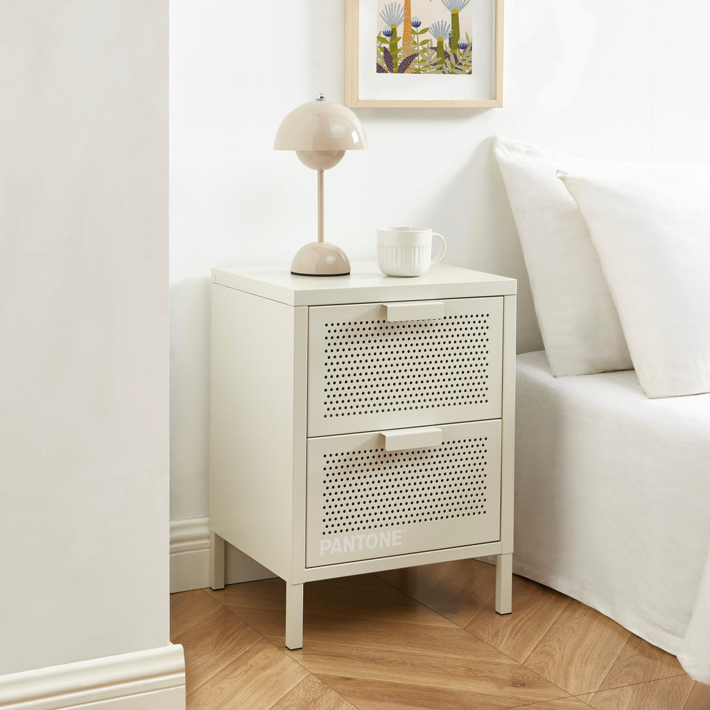 Table De Chevet - Métal - Beige Sable - Double Tiroirs