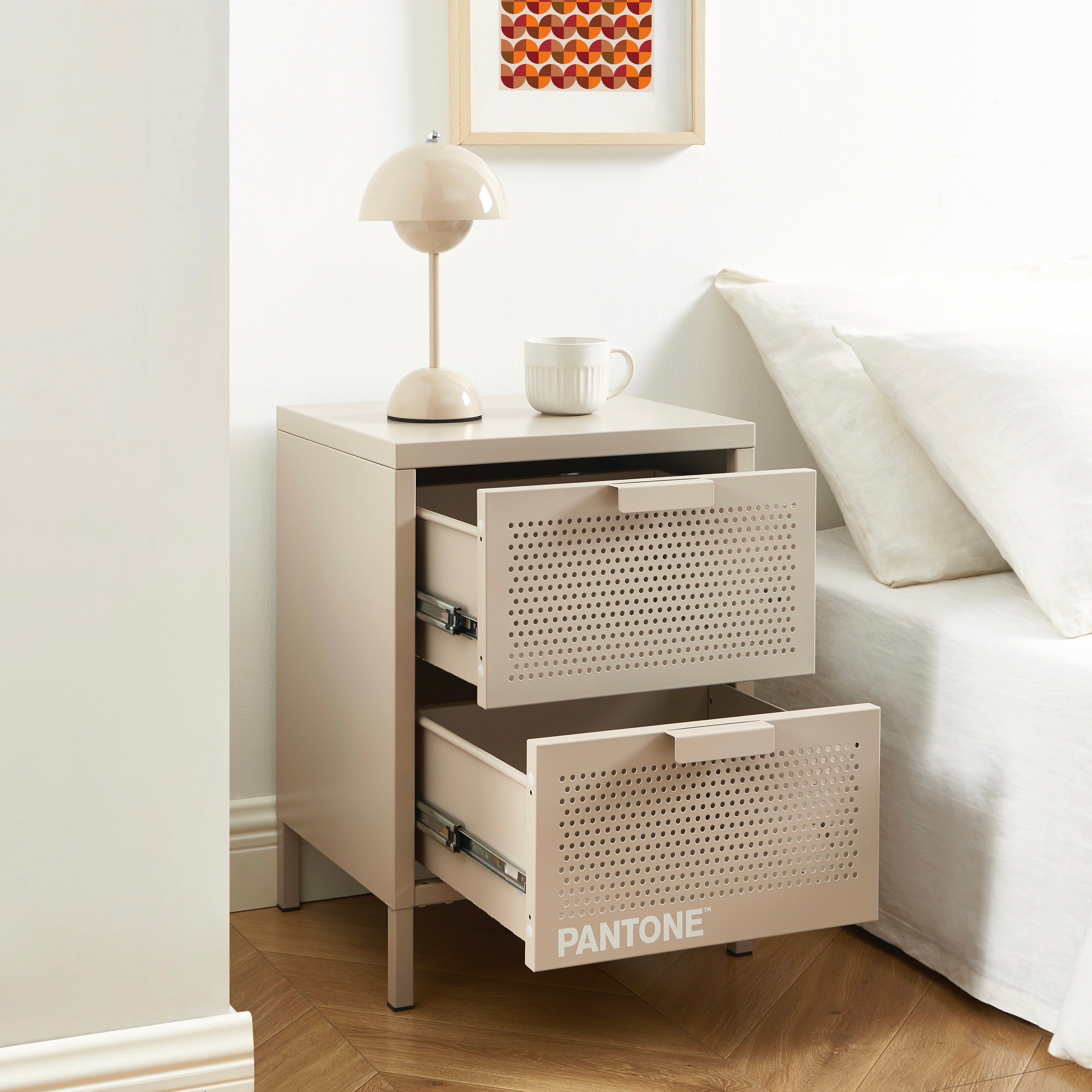 Bedside Table - Metal - Taupe - Double Drawers