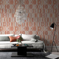 Lé Papiers De Ninon – Pop Panoramic Wallpaper - Terracotta, a modern living room with a white sofa and a patterned wall