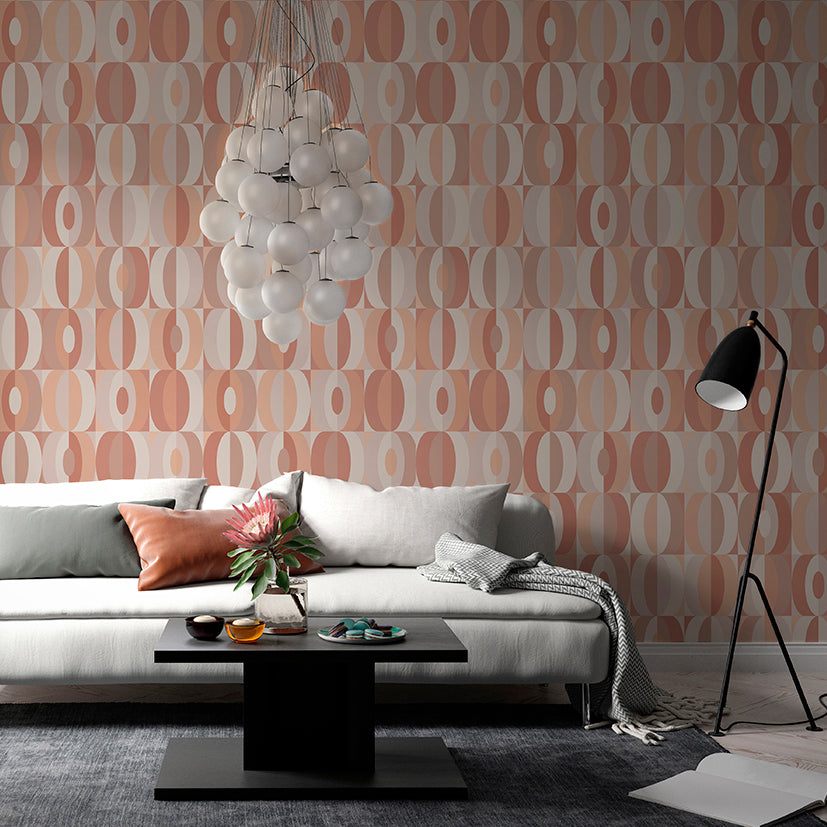 Lé Papiers De Ninon – Pop Panoramic Wallpaper - Terracotta, a modern living room with a white sofa and a patterned wall