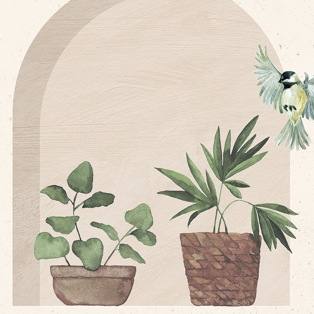 Lé Papiers De Ninon – Papier Peint Panoramique Villa Toscana - Beige, illustration de deux plantes en pot et d'un oiseau en plein vol