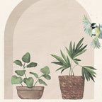 Lé Papiers De Ninon – Papier Peint Panoramique Villa Toscana - Beige, illustration de deux plantes en pot et d'un oiseau en plein vol
