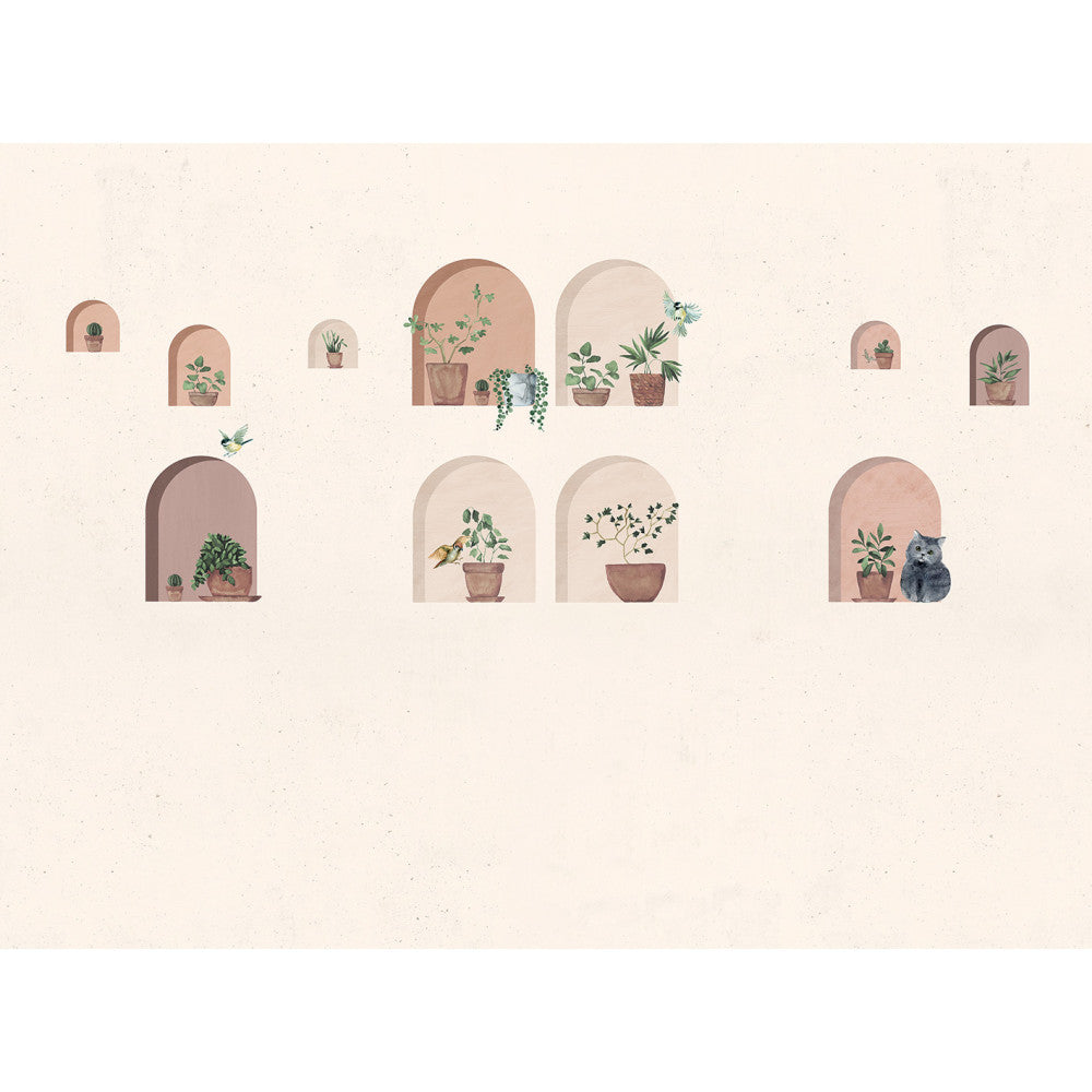 Lé Papiers De Ninon – Papier Peint Panoramique Villa Toscana - Beige, dessin mural de plantes en pot et d'un chat dans des niches