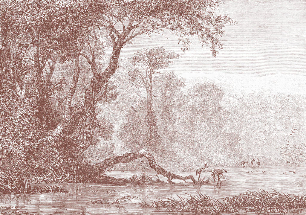 Lé Papiers de Ninon – Papier Peint Panoramique Sologne - Sienne, dessin monochrome d'un paysage forestier avec un cours d'eau et des oiseaux
