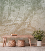 Lé Papiers de Ninon – Cassis Panoramic Wallpaper - Multicoloured, wooden bench with baskets and plant in front of a textured wall