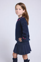 Jersey de cuello redondo con corazones en cuello y puños Pearl - Azul marino y rosa flúor - Niña