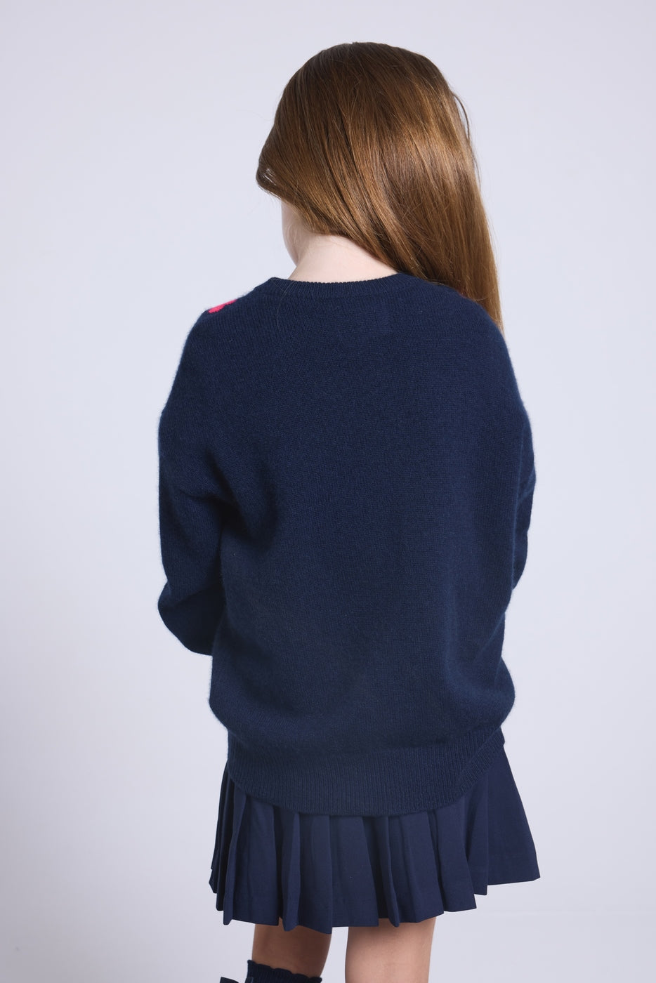 Jersey de cuello redondo con corazones en cuello y puños Pearl - Azul marino y rosa flúor - Niña