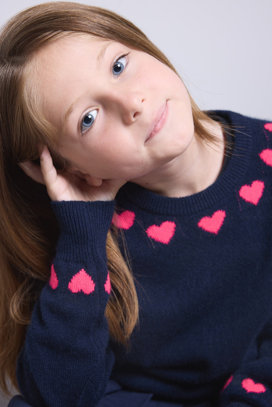 Jersey de cuello redondo con corazones en cuello y puños Pearl - Azul marino y rosa flúor - Niña