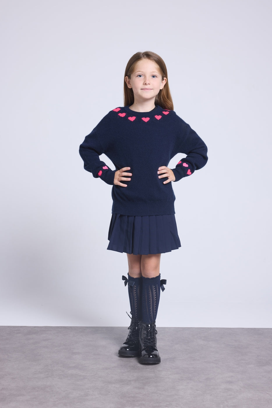 Jersey de cuello redondo con corazones en cuello y puños Pearl - Azul marino y rosa flúor - Niña