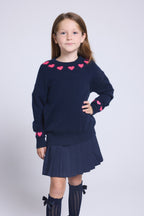 Jersey de cuello redondo con corazones en cuello y puños Pearl - Azul marino y rosa flúor - Niña
