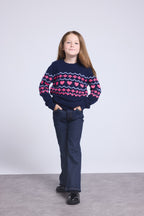 Pull Col Rond Montage Cœurs Peppa - Bleu Marine Rose Fuo - Fille