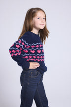 Pull Col Rond Montage Cœurs Peppa - Bleu Marine Rose Fuo - Fille
