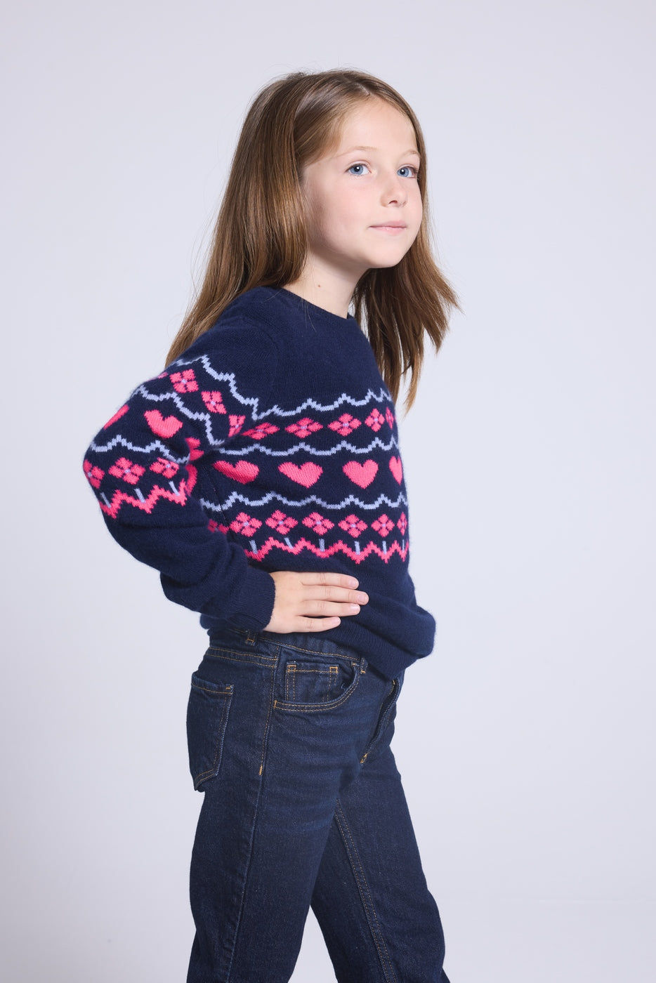 Pull Col Rond Montage Cœurs Peppa - Bleu Marine Rose Fuo - Fille