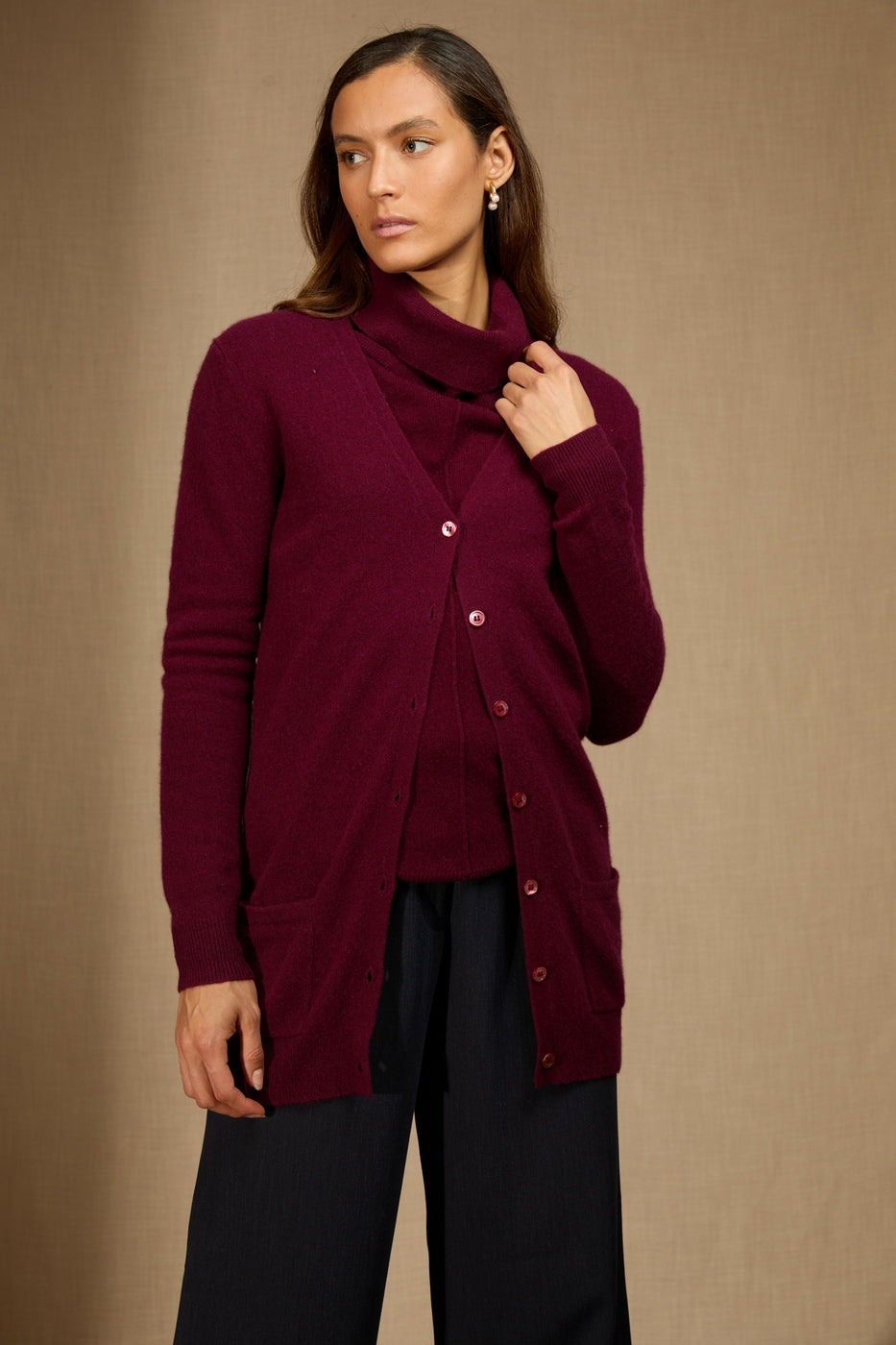 Cardigan Col V Pearl - Bordeaux