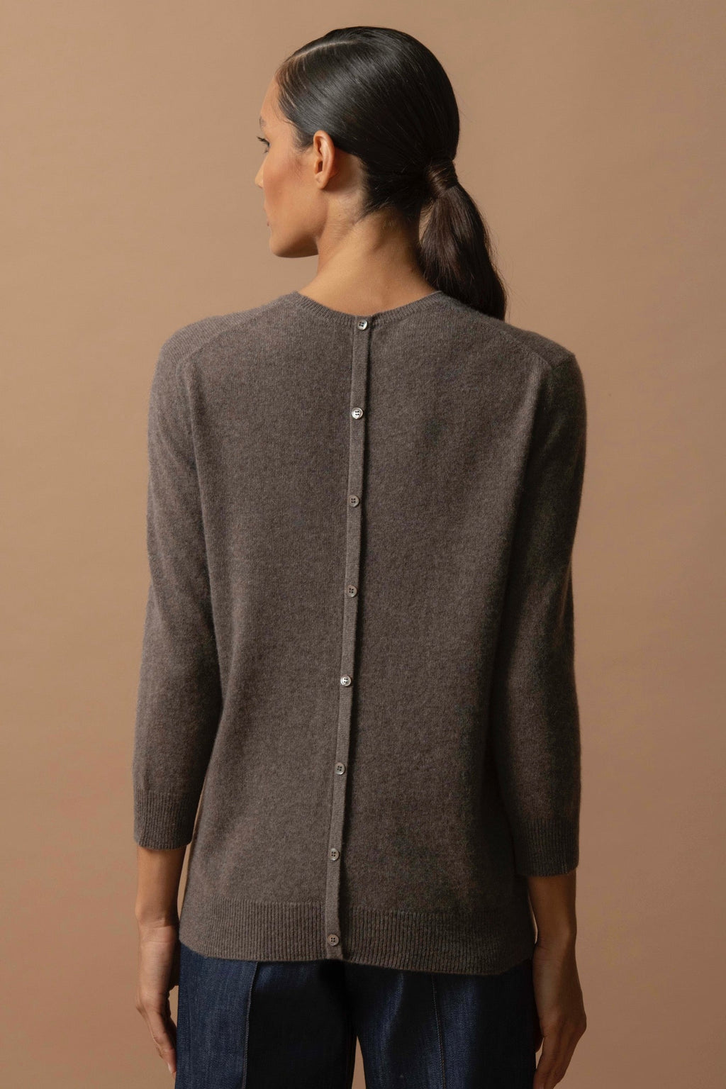 Pull Col Rond Boutonné Dos - Vanessa - Taupe Chiné