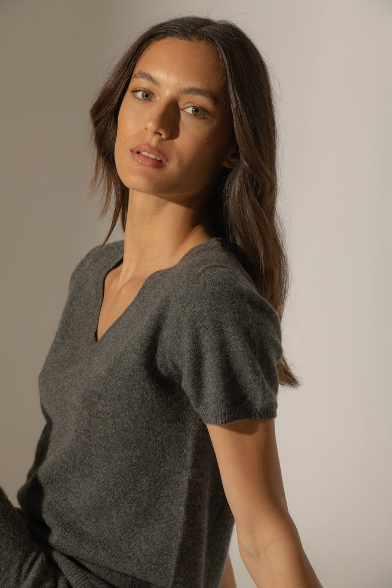 T-Shirt Col V Efimia - Anthracite Chiné