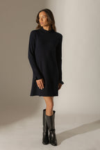 Vestido de cuello alto y puños con volante - Lyamia - Azul marino