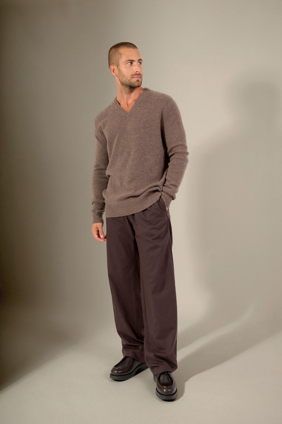 Pull Col V 4 Fils Enzo - Taupe Chiné