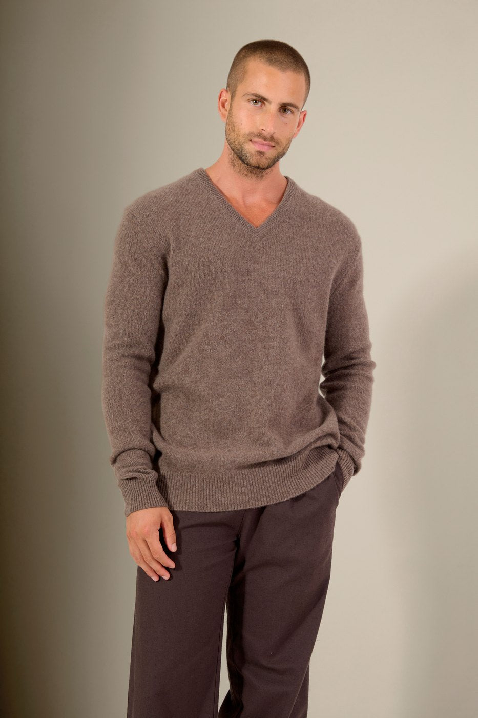 Pull Col V 4 Fils Enzo - Taupe Chiné