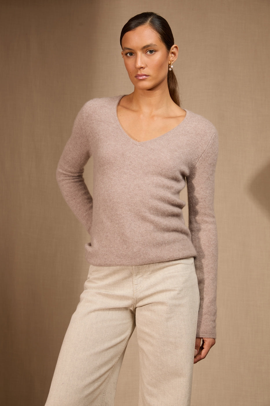 Pull Col V 4 Fils Gaby - Taupe Clair Chiné