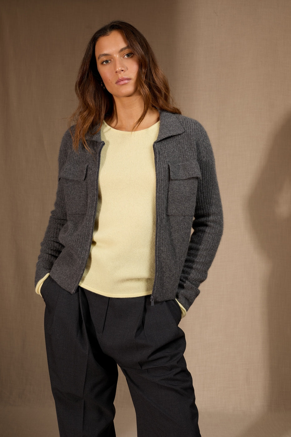 Veste Courte Zippée Col Chemise 4 Fils Sara - Anthracite Chiné