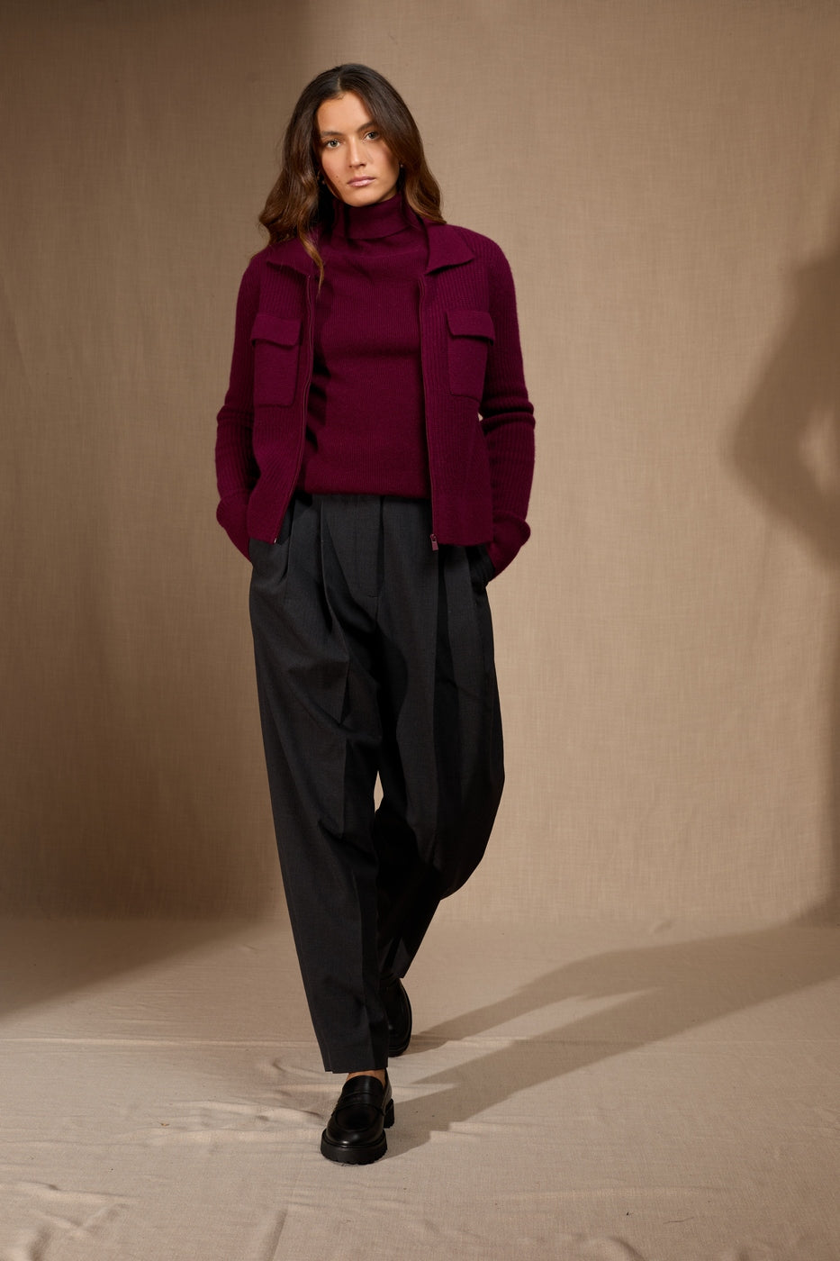 Veste Courte Zippée Col Chemise 4 Fils Sara - Bordeaux