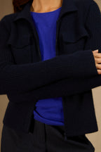 Veste Courte Zippée Col Chemise 4 Fils Sara - Marine