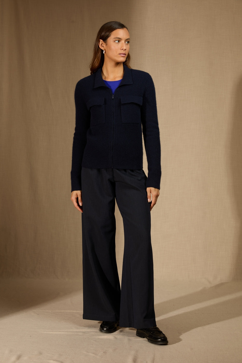 Veste Courte Zippée Col Chemise 4 Fils Sara - Marine