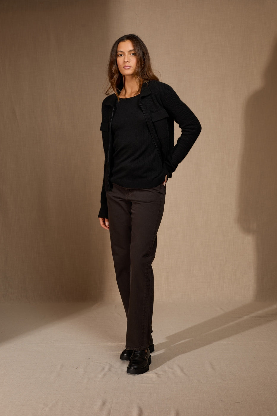 Veste Courte Zippée Col Chemise 4 Fils Sara - Noir