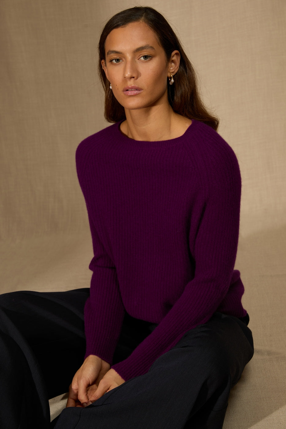 Pull Col Rond 4 Fils - Oceane - Prune