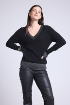 Perla Coloured Rib V-Neck Jumper - Black Silver - Women