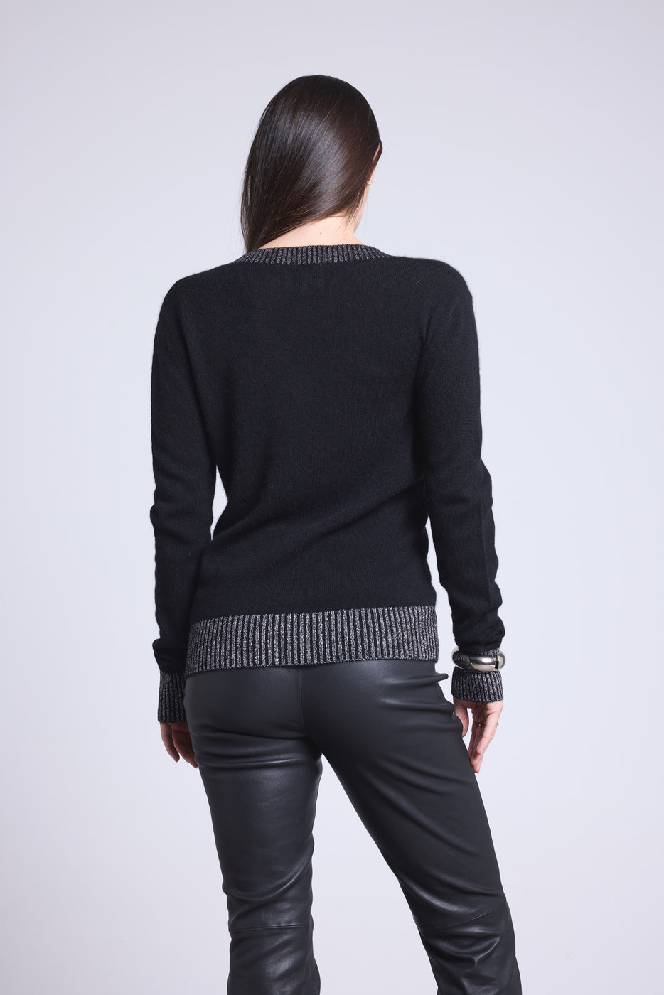Perla Coloured Rib V-Neck Jumper - Black Silver - Women