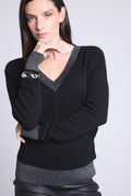 Perla Coloured Rib V-Neck Jumper - Black Silver - Women