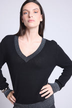 Perla Coloured Rib V-Neck Jumper - Black Silver - Women