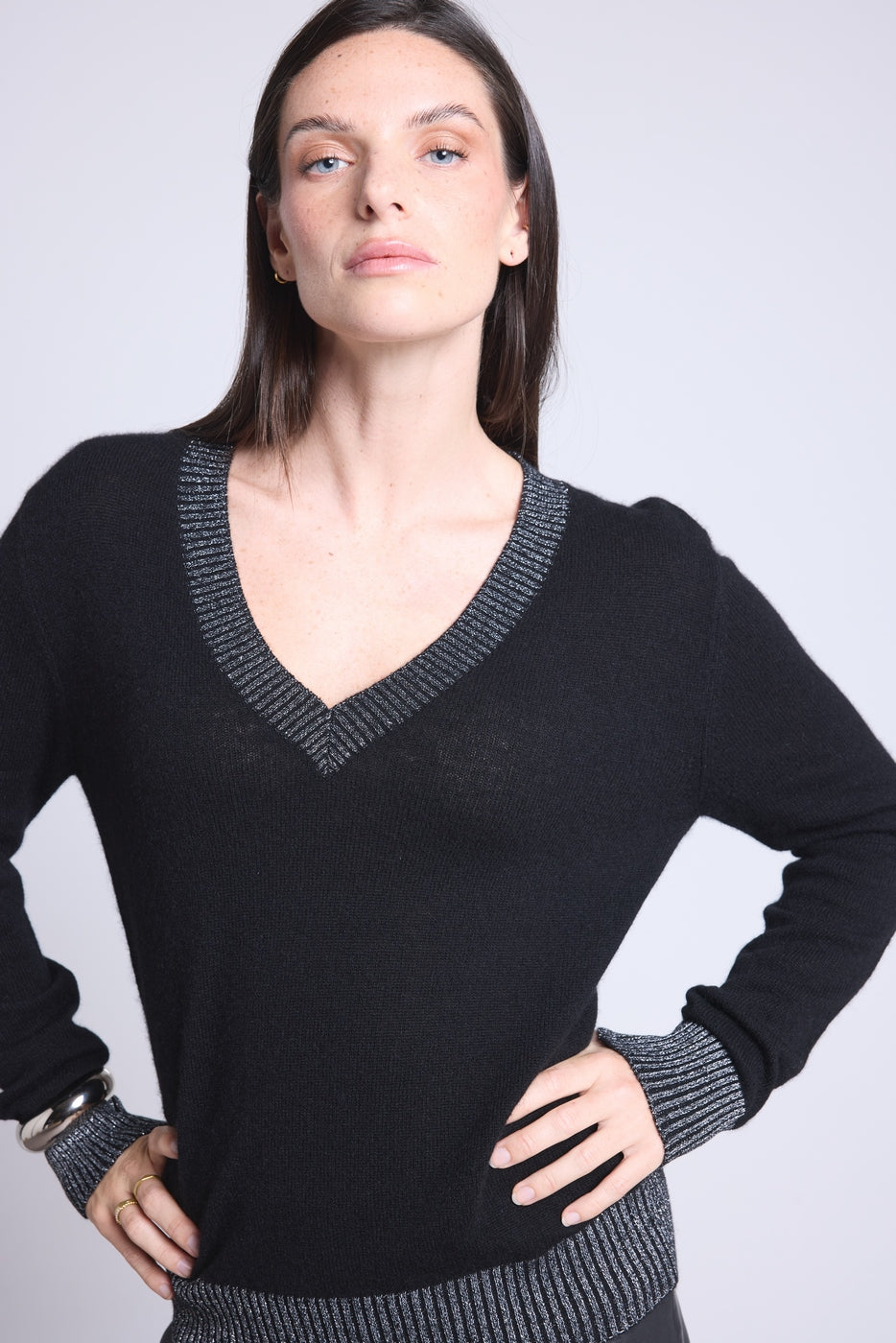 Perla Coloured Rib V-Neck Jumper - Black Silver - Women