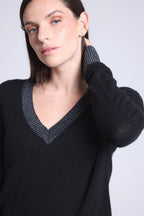 Perla Coloured Rib V-Neck Jumper - Black Silver - Women