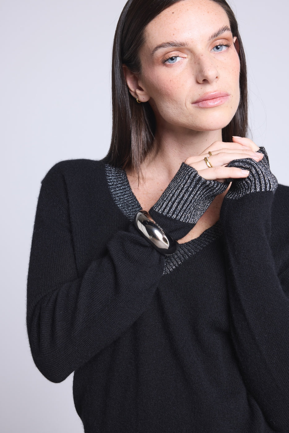 Perla Coloured Rib V-Neck Jumper - Black Silver - Women