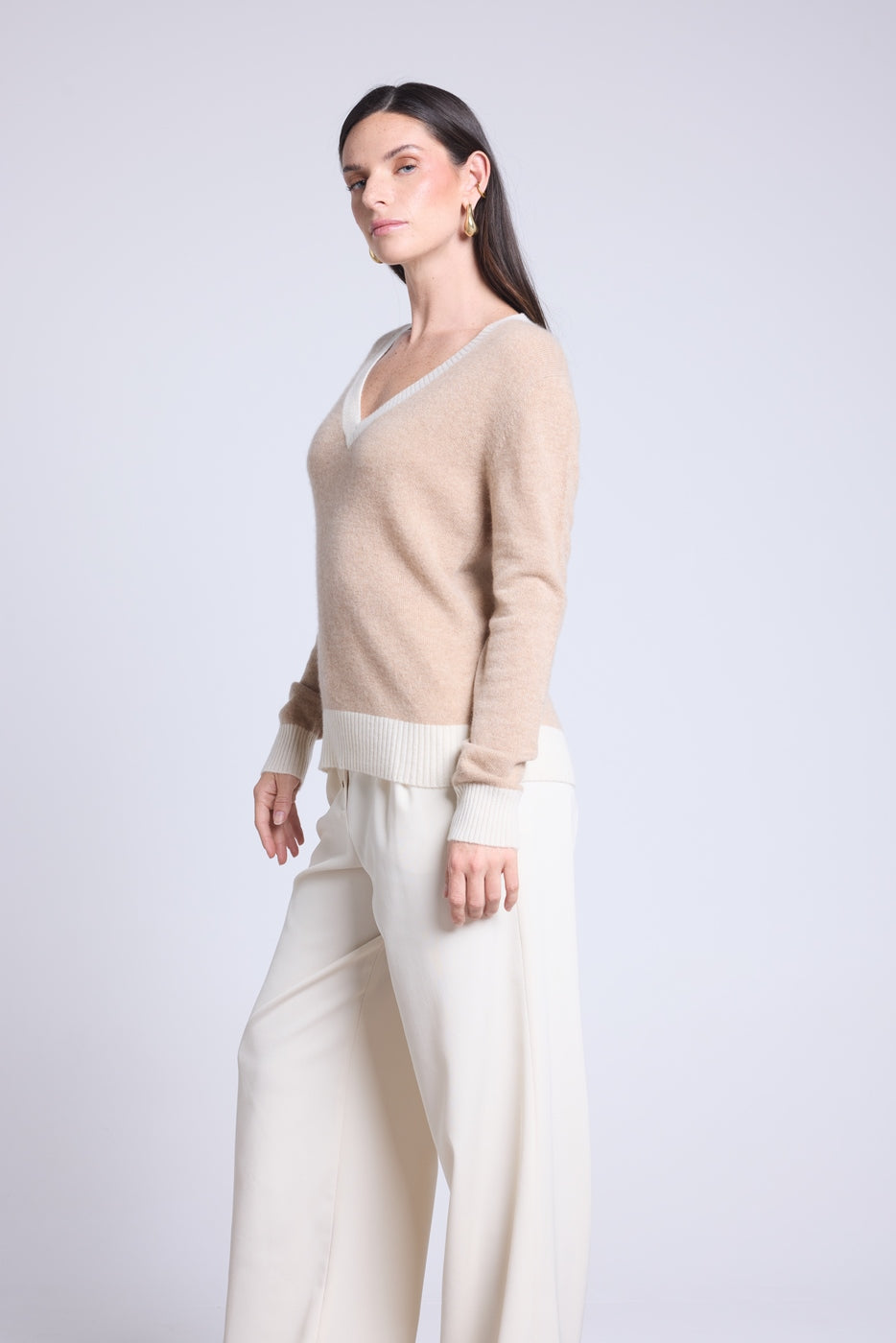 Jersey de cuello en V de canalé de color Perla - Beige crema blanco - Mujer