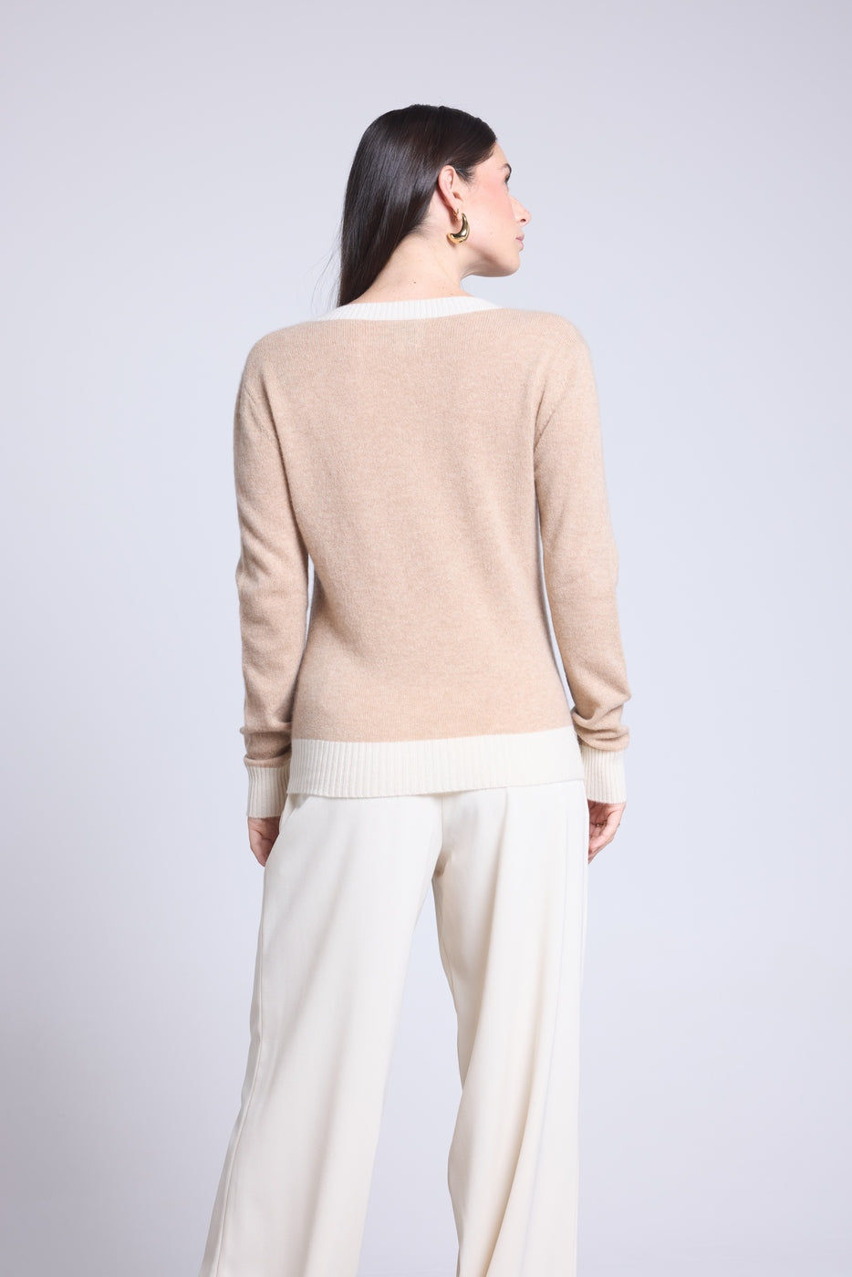 Jersey de cuello en V de canalé de color Perla - Beige crema blanco - Mujer