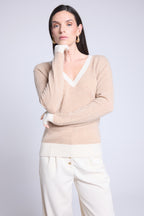 Jersey de cuello en V de canalé de color Perla - Beige crema blanco - Mujer