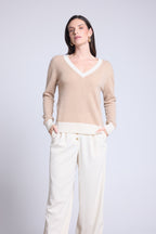 Jersey de cuello en V de canalé de color Perla - Beige crema blanco - Mujer