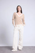 Jersey de cuello en V de canalé de color Perla - Beige crema blanco - Mujer