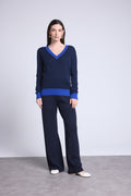 Jersey de cuello en V Perla de canalé de color - Azul marino azul rey - Mujer