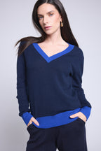 Jersey de cuello en V Perla de canalé de color - Azul marino azul rey - Mujer