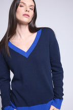 Jersey de cuello en V Perla de canalé de color - Azul marino azul rey - Mujer