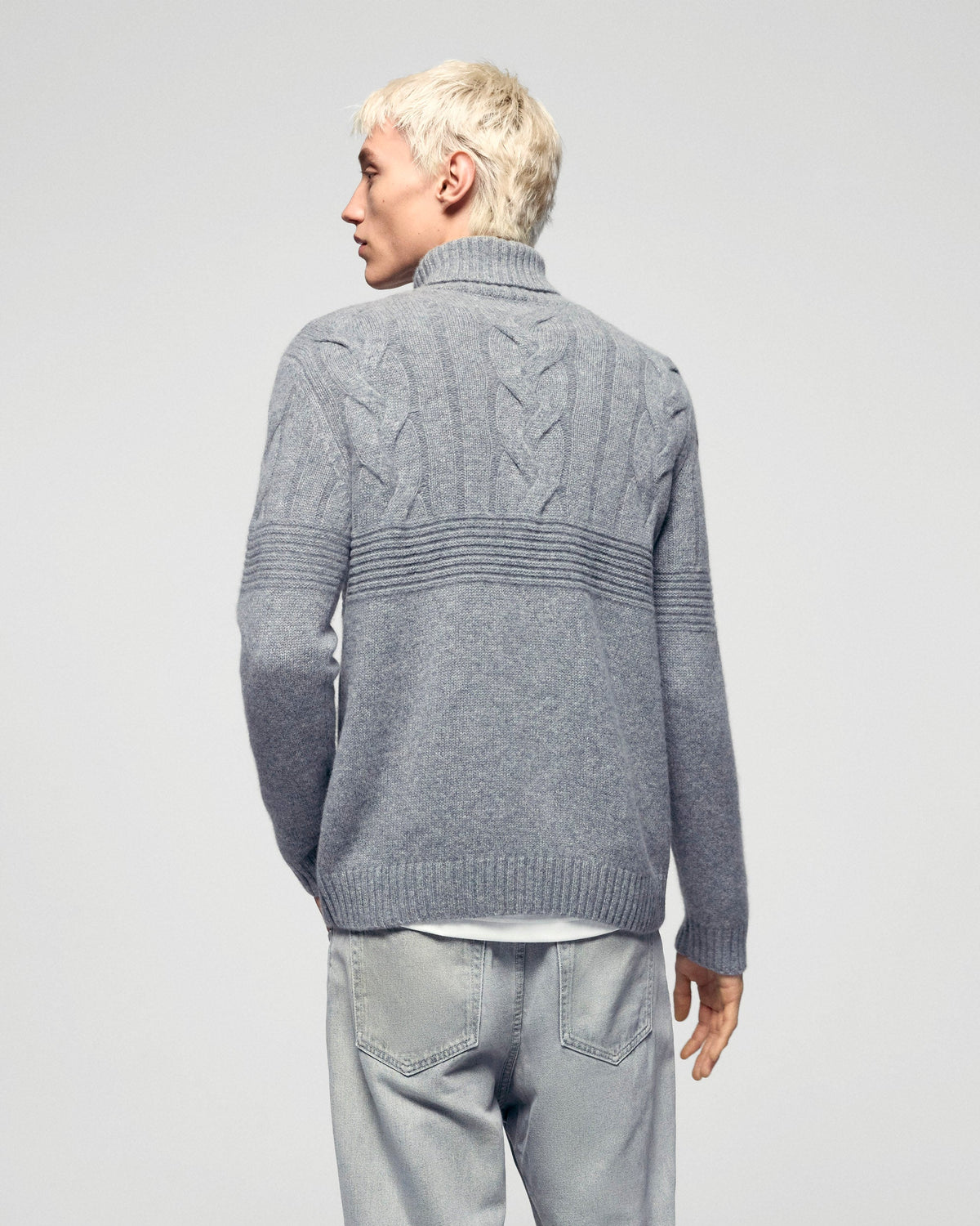 Pull Col Roulé Torsades - Gris Chiné Foncé - Homme