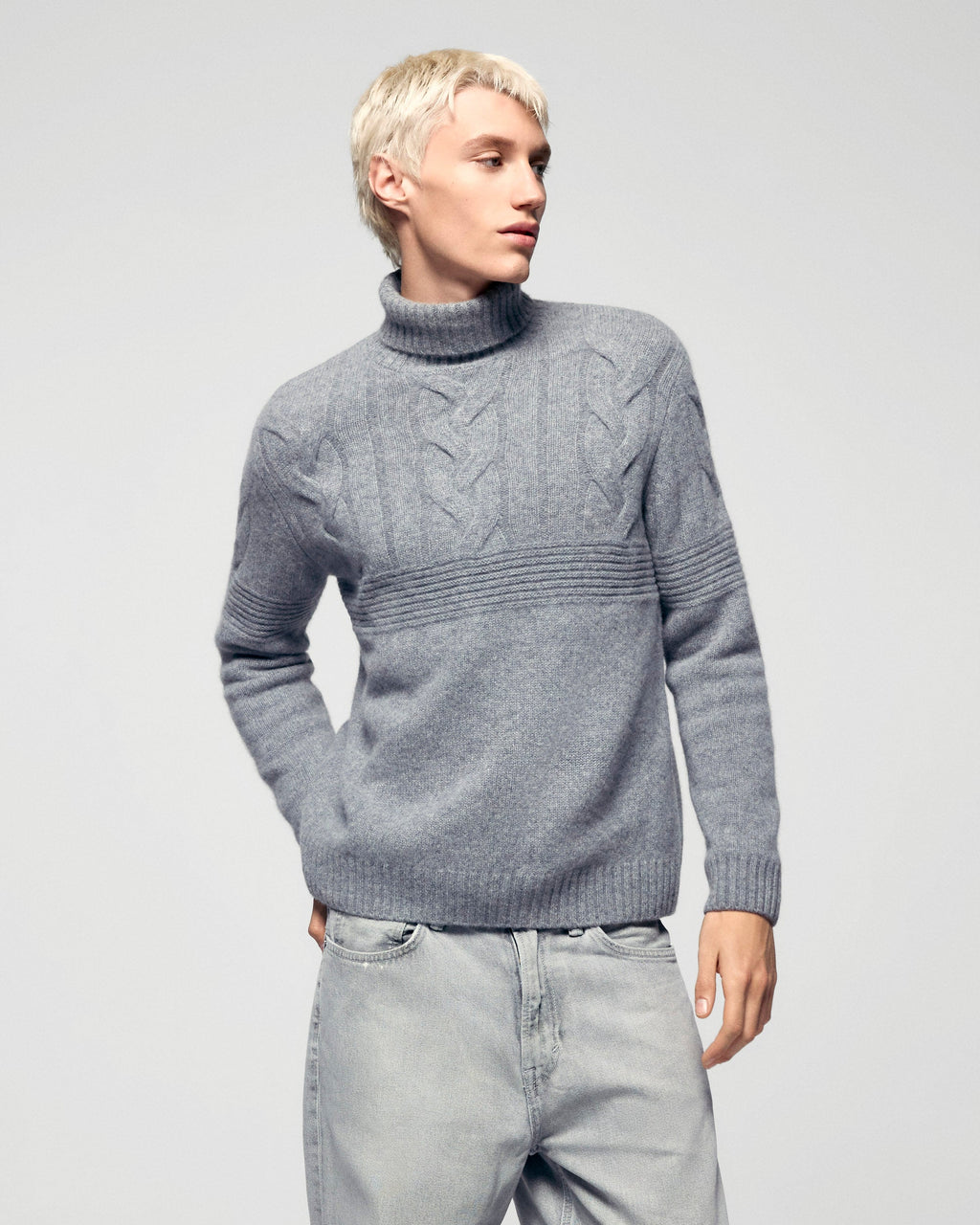 Pull Col Roulé Torsades - Gris Chiné Foncé - Homme