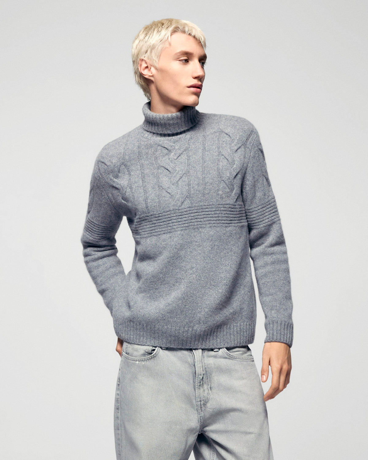Pull Col Roulé Torsades - Gris Chiné Foncé - Homme