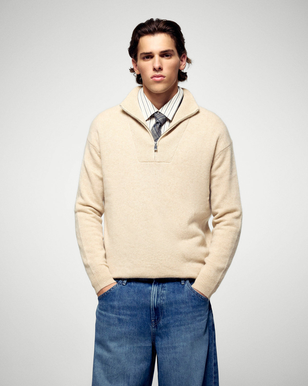 Maglione collo con zip oversize - Beige mélange - Uomo